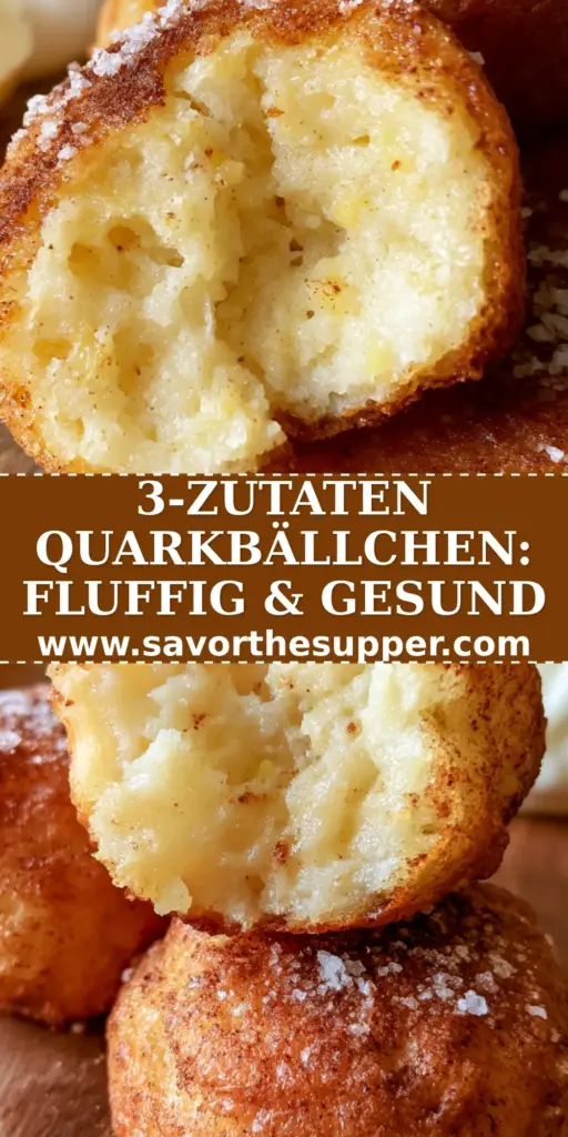 Three golden-brown Bananen Quarkbällchen piled on a rustic wooden board with a torn center showing the fluffy interior.
