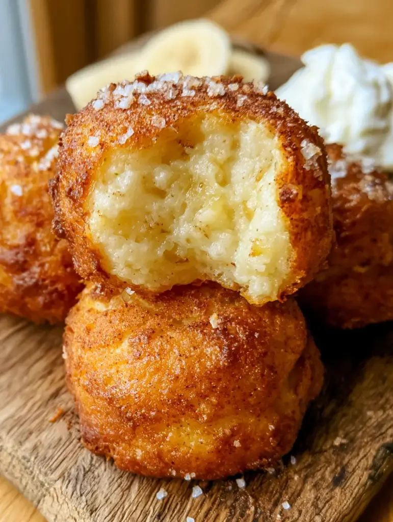 Close-up of golden brown air-fried quark balls dusted with cinnamon and xylitol crystals.