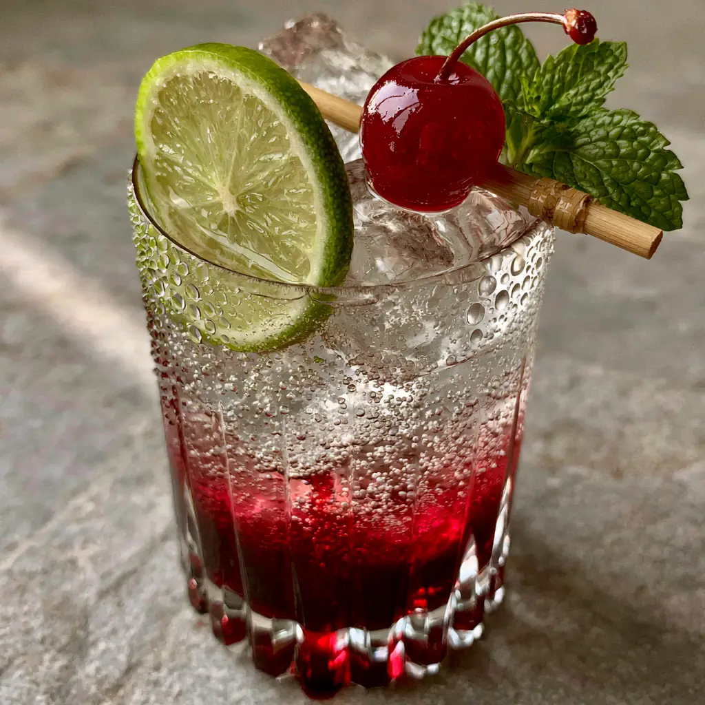 Shirley Temple: The Ultimate Classic Mocktail Recipe 2 A close-up of a Shirley Temple showing the deep red grenadine bleeding into sparkling clear soda with ice and a lime wheel. (Shirley Temple)