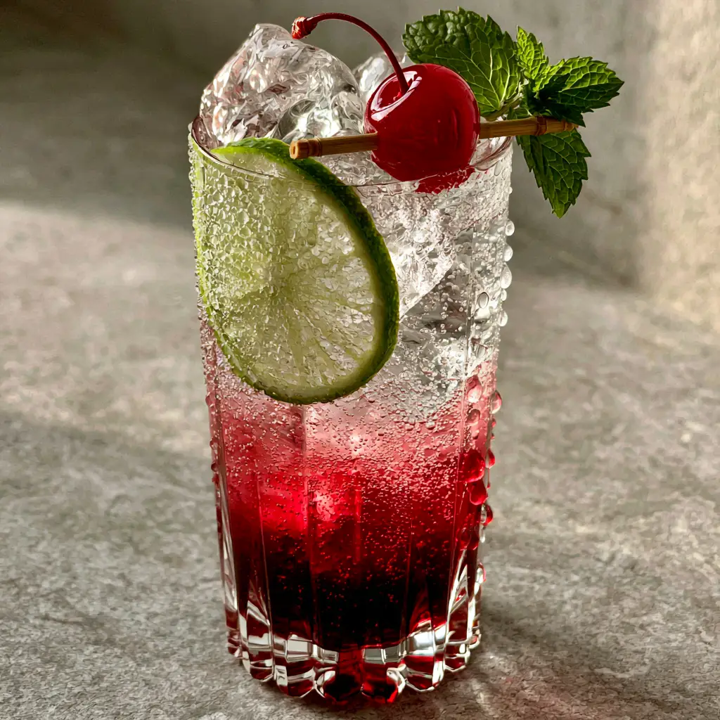 Shirley Temple: The Ultimate Classic Mocktail Recipe 1 A Shirley Temple mocktail on a stone countertop with natural lighting and condensation on the glass. (Shirley Temple)