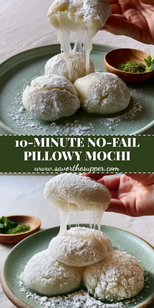 Mochi: The Ultimate Guide to Perfect, Stretchy Homemade Rice Cakes 4 A high-angle shot of a hand pulling a piece of ultra-soft, snow-white Mochi resting on a sage green plate with matcha garnish.