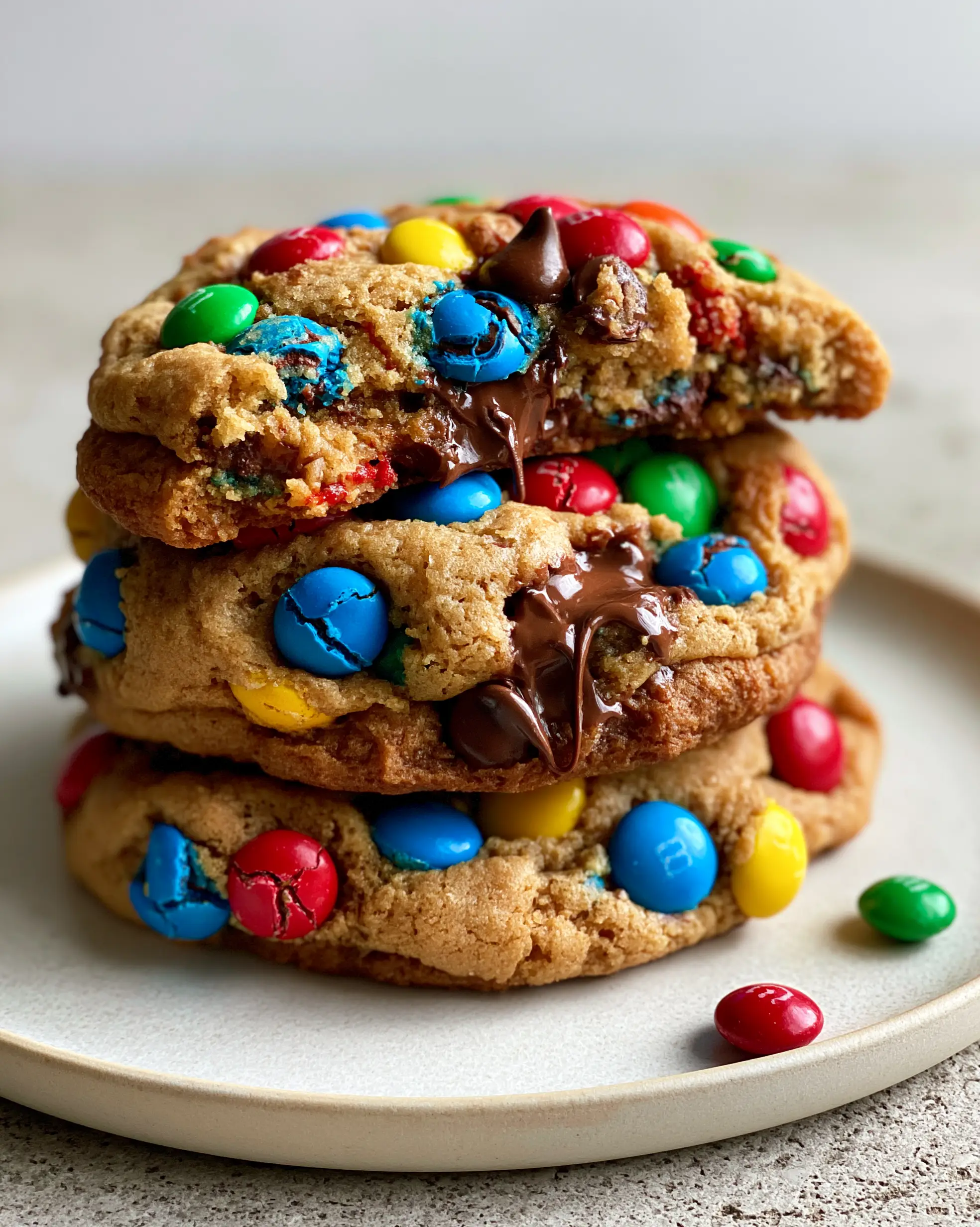 Soft-Batch Mini M&M Chocolate Chip Cookies: The Ultimate Gooey Recipe 3 Handheld photo showing a close-up pull of a soft-batch mini m&m chocolate chip cookie revealing melted chocolate and golden dough.