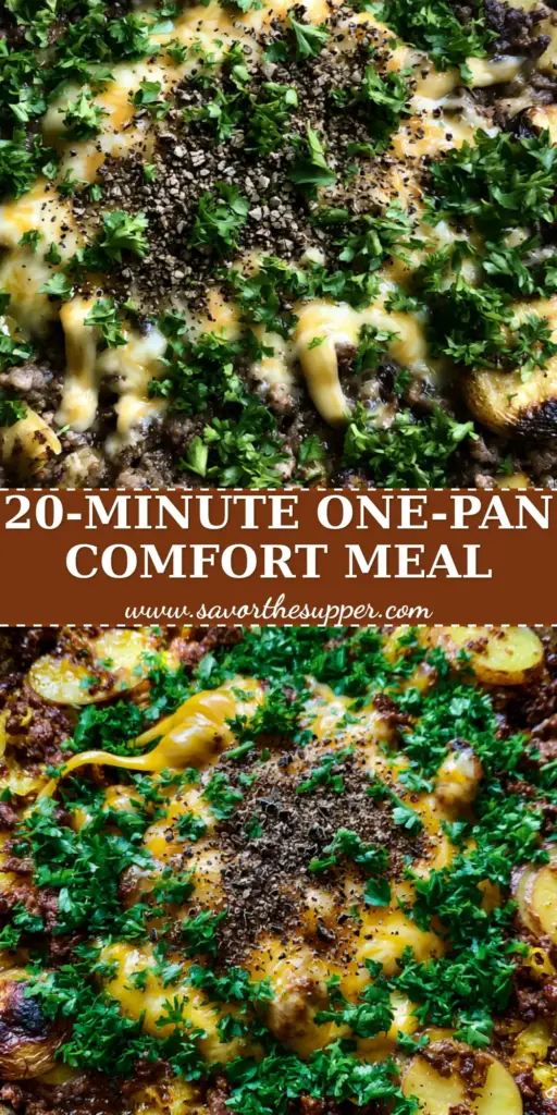 Ground Beef Dinners: The Ultimate One-Pan Cheesy Beef and Potato Skillet 4 A top-down view of a black cast iron skillet containing ground beef dinners with crispy potatoes and bubbling cheddar cheese.
