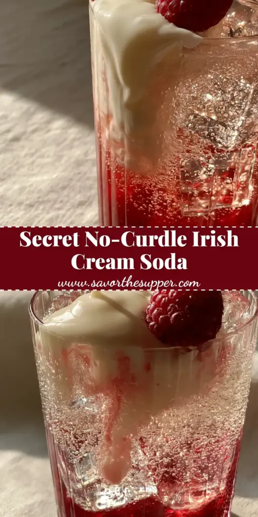Homemade Fruit Irish Cream Soda: The Ultimate Raspberry Cream Elixir 4 A tall modern ribbed glass containing a Homemade Fruit Irish Cream Soda with red raspberry syrup, sparkling soda, and a marbled cream cascade, garnished with mint and a raspberry.