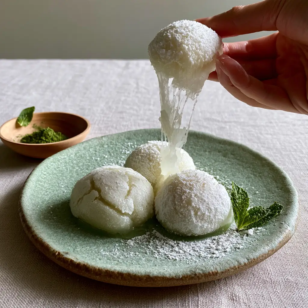 Mochi: The Ultimate Guide to Perfect, Stretchy Homemade Rice Cakes 2 Handheld photo showing the elastic stretch and translucent texture of freshly made Mochi dusted with cornstarch.