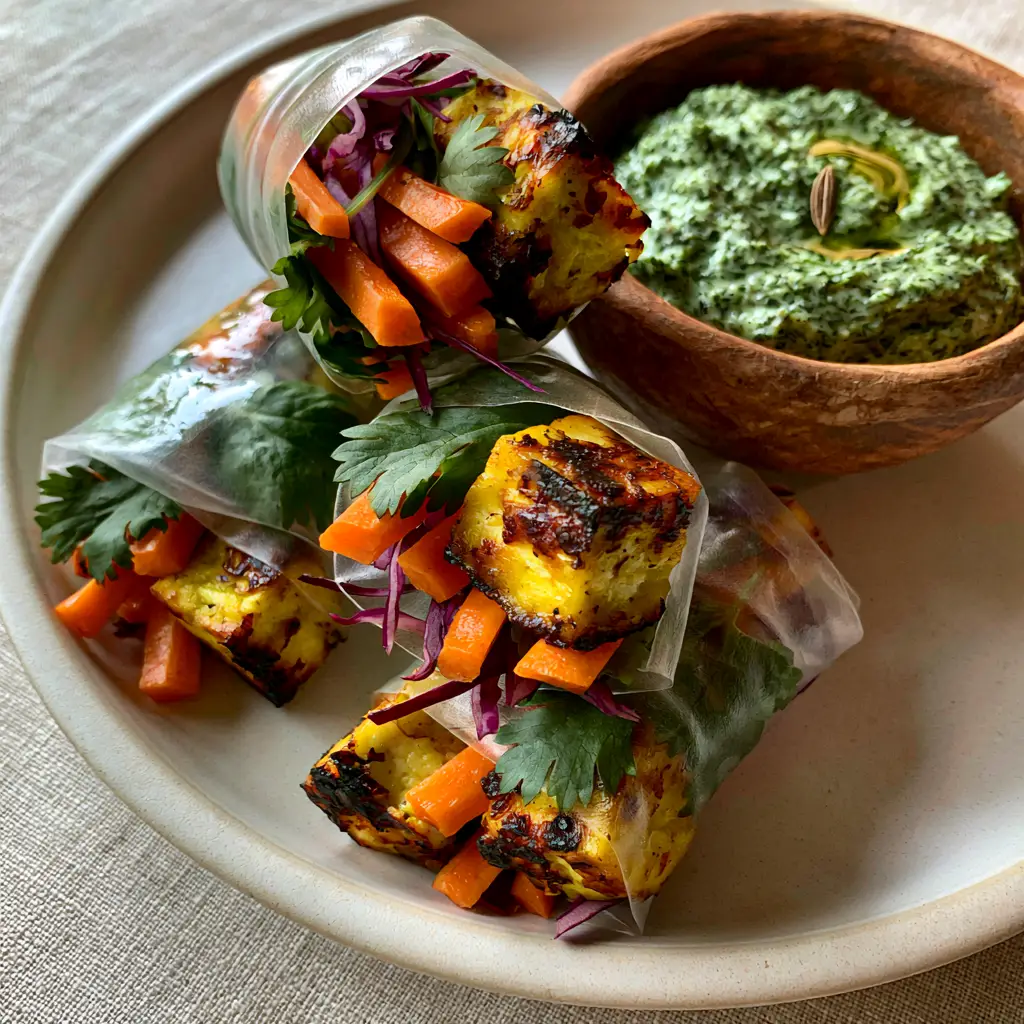 Indian Rice Paper Rolls with Seared Paneer Tikka 2 Overhead shot of translucent Indian rice paper rolls showing charred paneer cubes and purple cabbage. (Indian rice paper rolls)