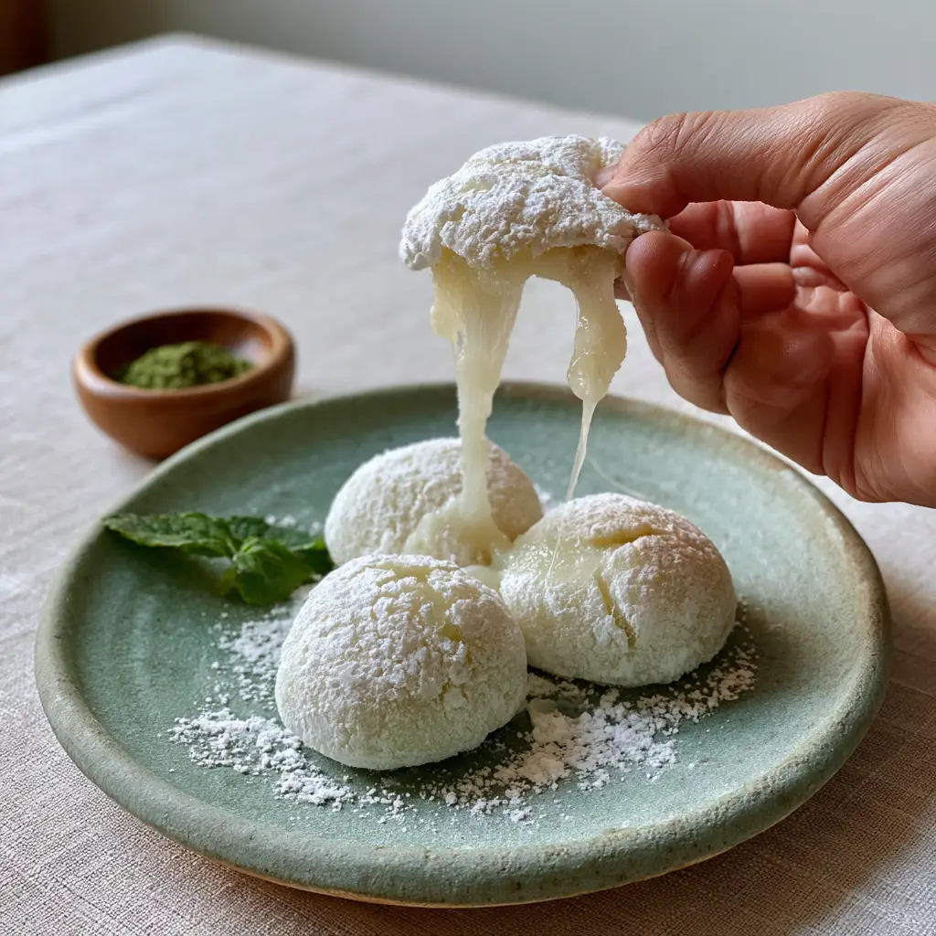 Mochi: The Ultimate Guide to Perfect, Stretchy Homemade Rice Cakes 1 Three pillowy white Mochi mounds on a matte sage green ceramic plate with a side of matcha powder.