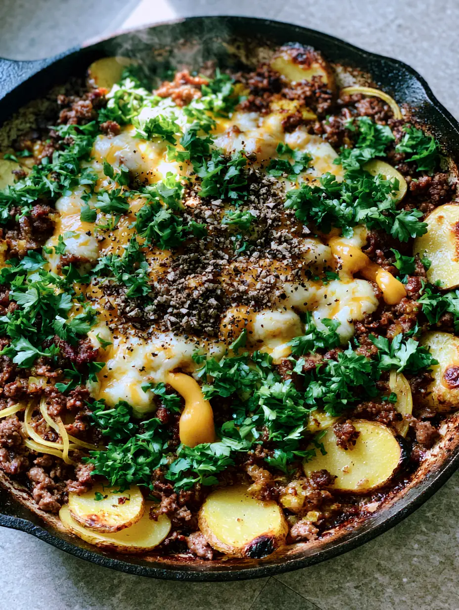 Ground Beef Dinners: The Ultimate One-Pan Cheesy Beef and Potato Skillet 3 Top-down handheld photo of ground beef dinners featuring seared crumbles, golden Yukon potatoes, and melted sharp cheddar in a cast iron skillet.