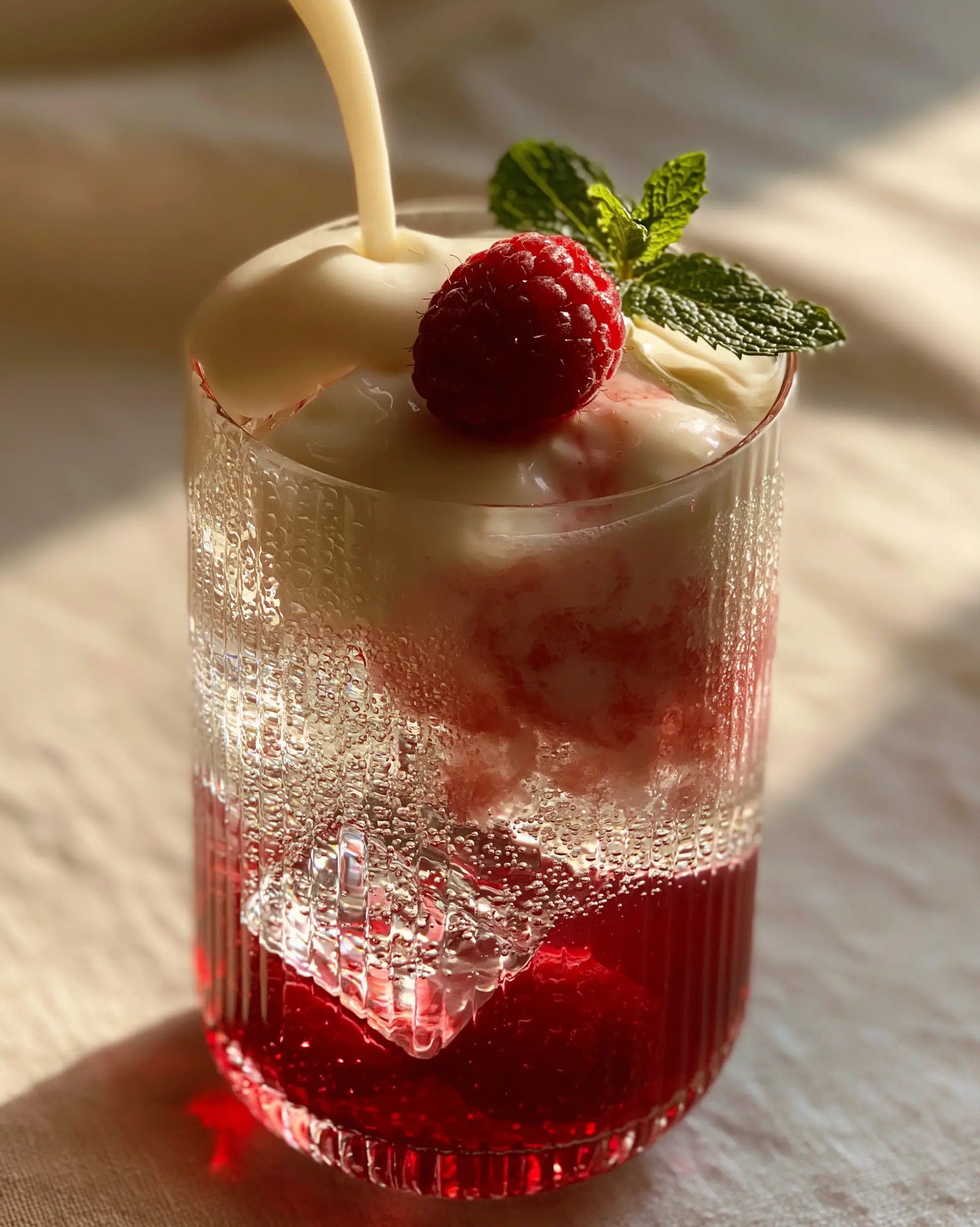 Homemade Fruit Irish Cream Soda: The Ultimate Raspberry Cream Elixir 3 Eye-level shot of the raspberry syrup layer and clear artisanal ice in a Homemade Fruit Irish Cream Soda glass.