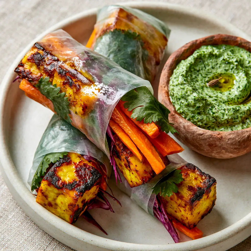 Indian Rice Paper Rolls with Seared Paneer Tikka 1 Close-up of seared paneer cubes inside a clear rice paper wrap with mint chutney. (Indian rice paper rolls)