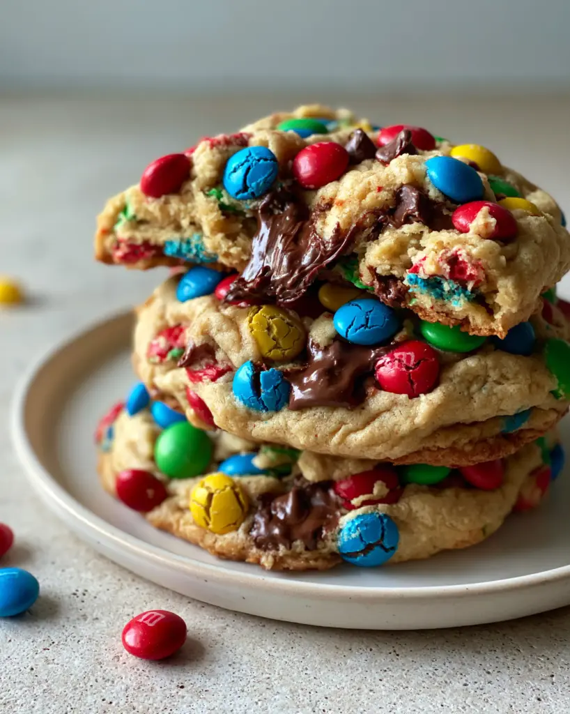 Soft-Batch Mini M&M Chocolate Chip Cookies: The Ultimate Gooey Recipe 1 Thick cookies densely studded with vibrant red, blue, green and yellow mini M&M candies and glossy chocolate chips.