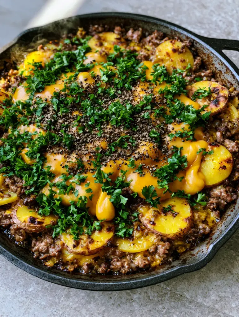 Ground Beef Dinners: The Ultimate One-Pan Cheesy Beef and Potato Skillet 1 Close-up of ground beef dinners showing cheese pulls and crispy potato edges garnished with parsley and cracked black pepper.