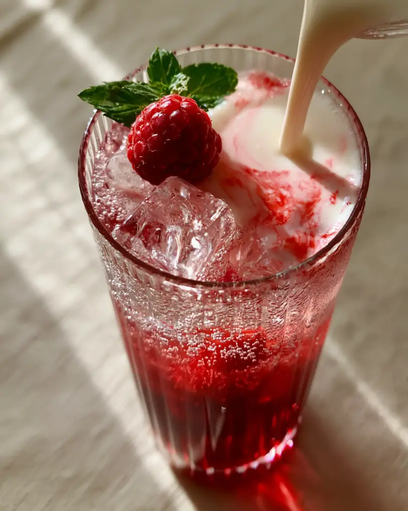 Homemade Fruit Irish Cream Soda: The Ultimate Raspberry Cream Elixir 1 Close-up of velvety off-white Irish cream cascading through sparkling soda and clear ice.