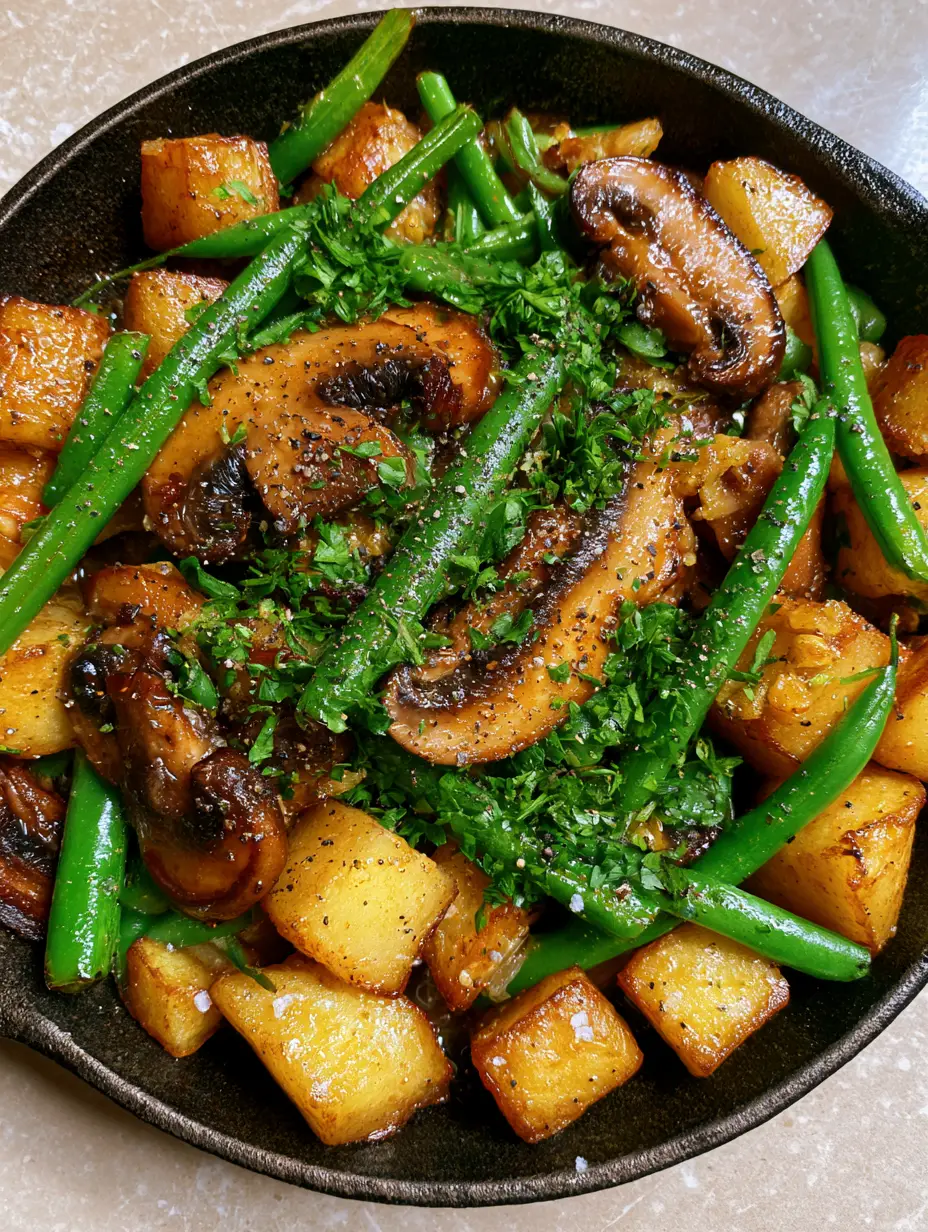 Close-up of crispy golden-brown Yukon Gold potato cubes and vibrant green beans in a black skillet. (Potato Mushrooms Green Beans Skillet)