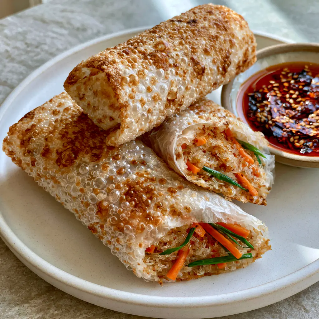 Sliced air fryer rice paper noodle roll revealing a steaming interior of glass noodles and julienned carrots.