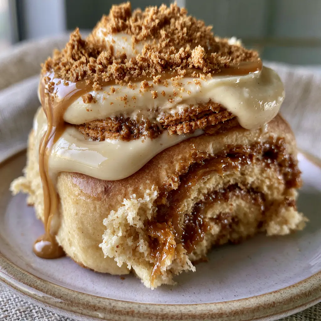 Biscoff Cinnamon Rolls with Caramelized Cookie Butter Swirl 2 A handheld smartphone photo showing a single Biscoff Cinnamon Roll with thick ivory icing and crushed cookie dust. (Biscoff Cinnamon Rolls)