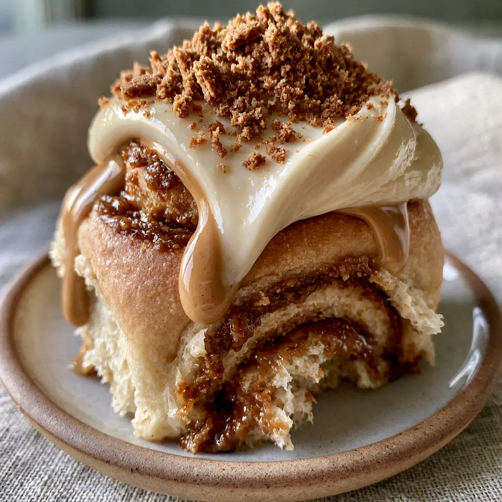 Biscoff Cinnamon Rolls with Caramelized Cookie Butter Swirl 1 Top down view of Biscoff Cinnamon Rolls with deep amber caramelized swirls and warm Biscoff drizzle. (Biscoff Cinnamon Rolls)