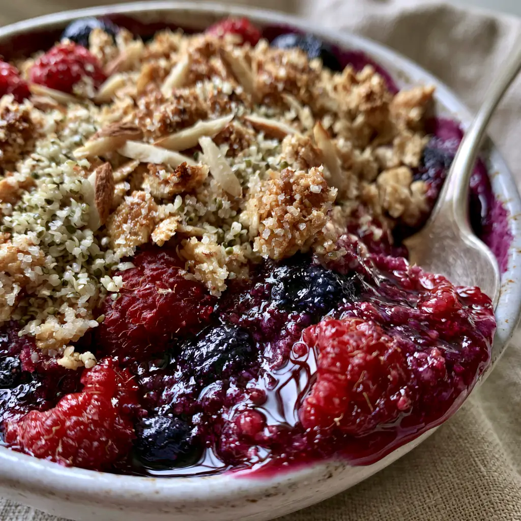 Breakfast Crumble with Toasted Almonds and Mixed Berries 2 Macro photography of toasted oat clusters, slivered almonds, and hemp seeds on a Breakfast Crumble. (Breakfast Crumble)