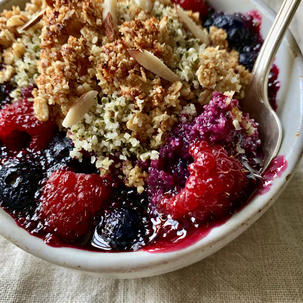 Breakfast Crumble with Toasted Almonds and Mixed Berries 1 A silver spoon lifting a portion of Breakfast Crumble to reveal steaming jammy purple blueberries. (Breakfast Crumble)