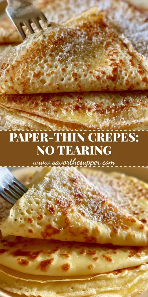 French Crepes: The Ultimate Guide to Paper-Thin Lacy Crepes with Leopard Spotting 4 A stack of paper-thin French crepes with golden leopard spotting and a light dusting of powdered sugar on a cream ceramic plate. (French crepes)