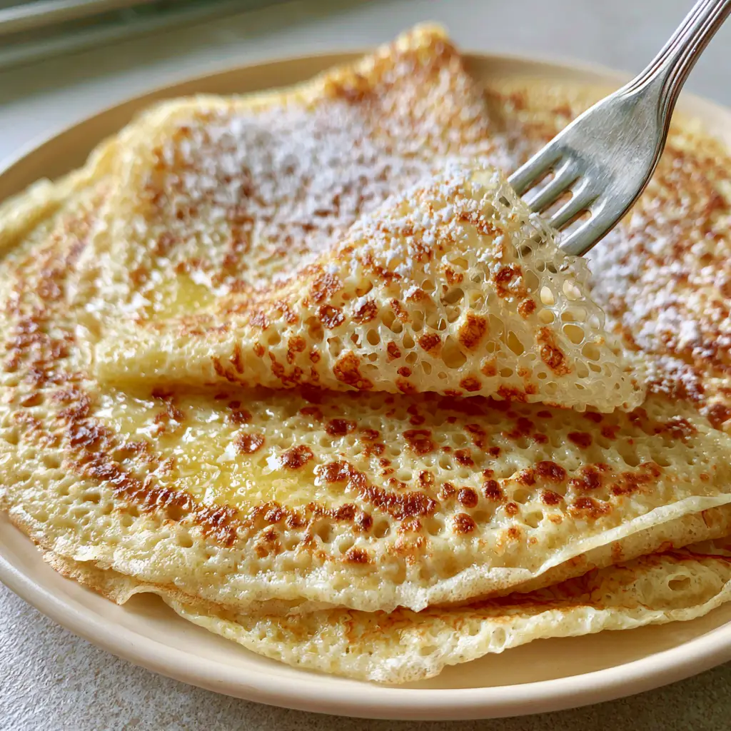 French Crepes: The Ultimate Guide to Paper-Thin Lacy Crepes with Leopard Spotting 2 Extreme close-up of a fork lifting a translucent French crepe showing micro-pores and golden spotting. (French crepes)