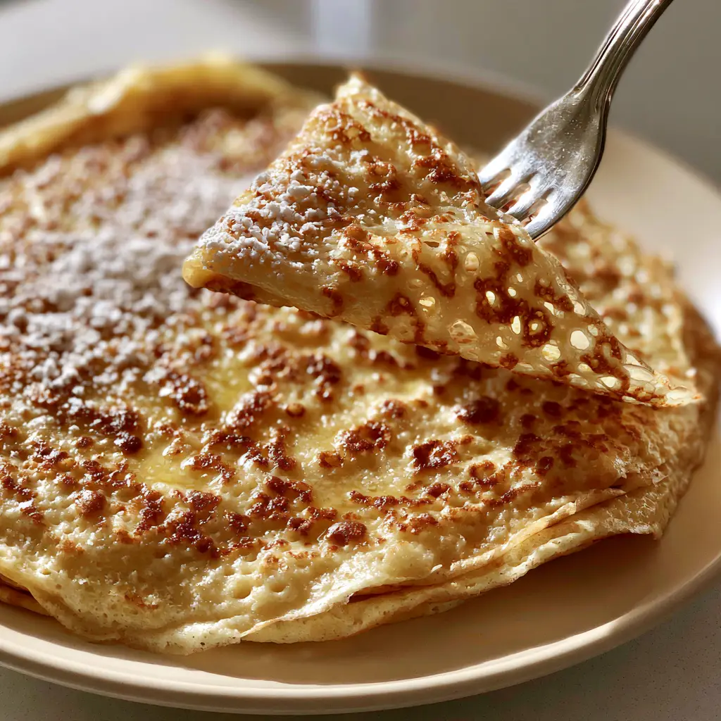 French Crepes: The Ultimate Guide to Paper-Thin Lacy Crepes with Leopard Spotting 1 Close-up of lacy French crepes with a soft buttery sheen and microscopic powdered sugar dusting.