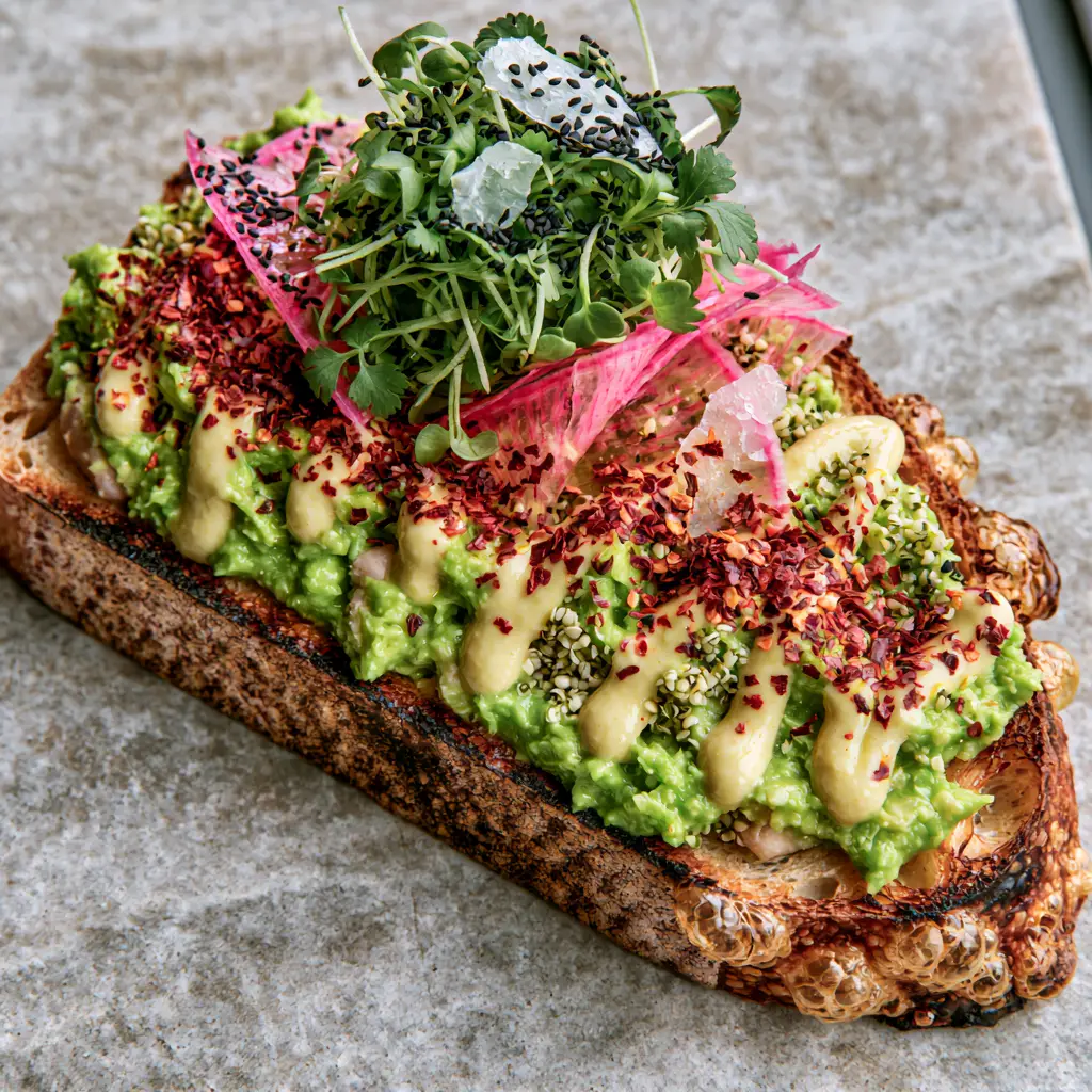 Vegan Avocado Toast: The Ultimate High-Protein Gourmet Breakfast 2 Close-up handheld photo of vegan avocado toast showing charred sourdough edges and chunky avocado texture. (vegan avocado toast)