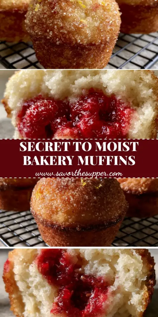 A vertical photo showing high-domed raspberry lemon ricotta muffins with a sparkling sugar crust on a black wire rack.