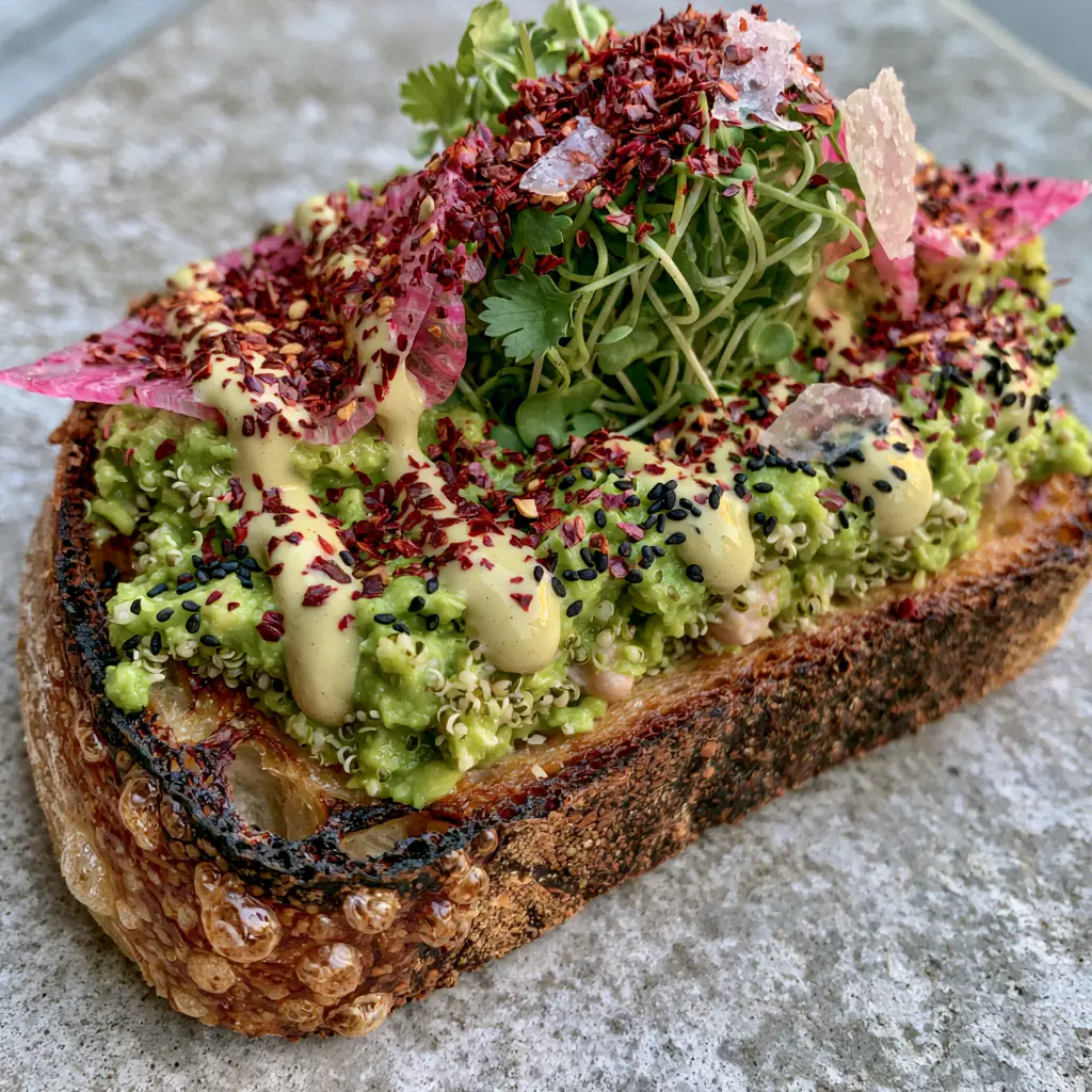 Vegan Avocado Toast: The Ultimate High-Protein Gourmet Breakfast 1 Top-down view of vegan avocado toast garnished with pink watermelon radish and black sesame seeds.