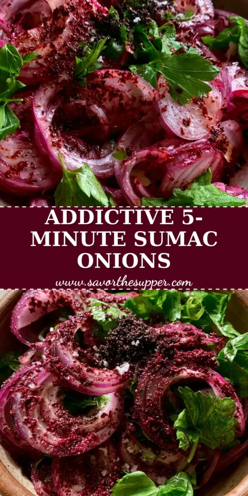 Turkish Onion Salad Recipe: Authentic Sumac Onions (Sumaklı Soğan) 3 A rustic bowl of Turkish onion salad with red onions, ruby-red sumac, and fresh parsley on a micro-cement surface.