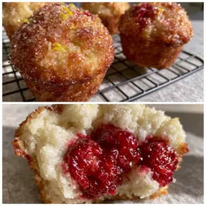 Split screen showing golden-brown raspberry lemon ricotta muffins on a rack and a close-up of the moist white interior.