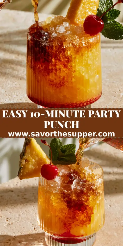 A layered amaretto island punch in a ribbed glass with pineapple and mint garnish on a stone surface. (amaretto island punch)
