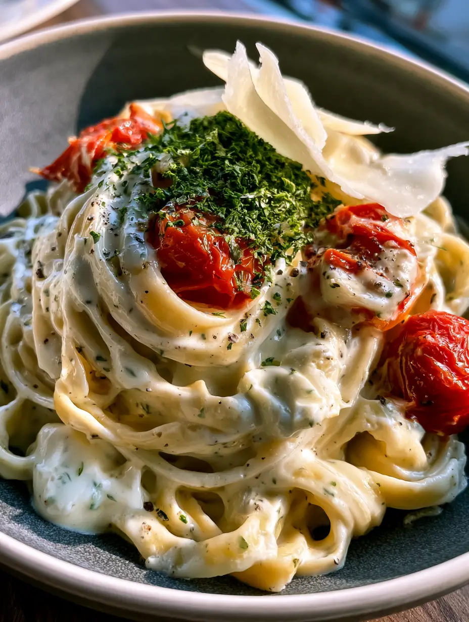 A macro close-up of glossy fettuccine coated in boursin cheese pasta sauce with herb flecks and black pepper.