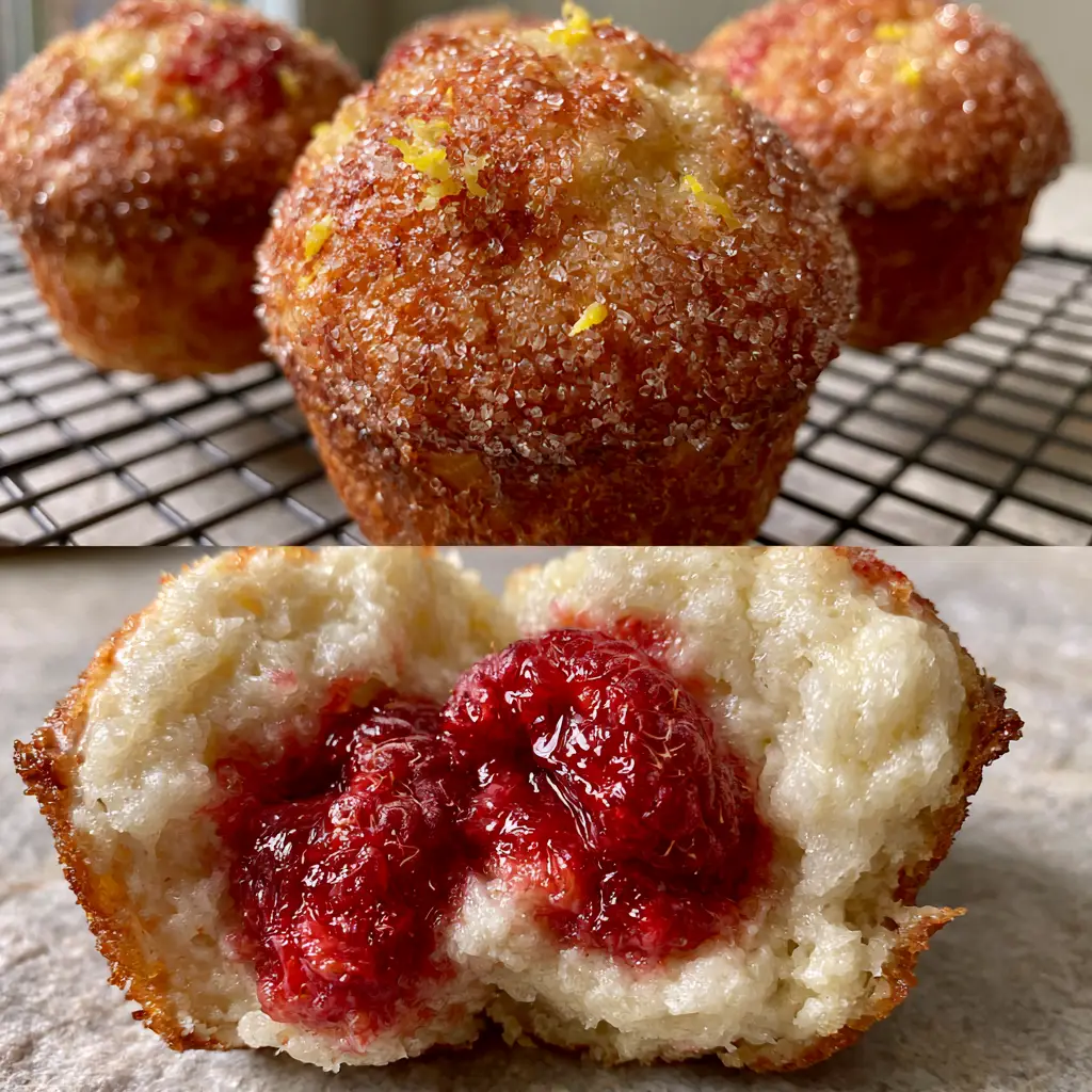 Macro close-up of a raspberry lemon ricotta muffin pulled apart, showing molten raspberries and lemon zest flakes.