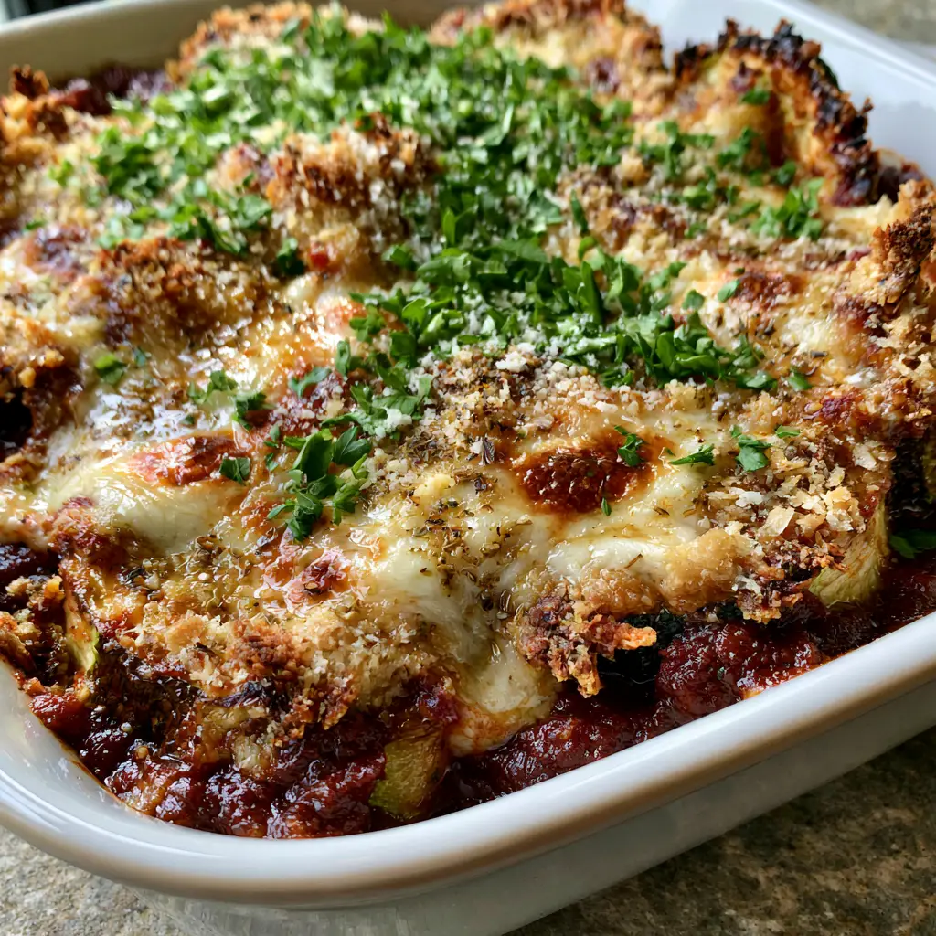 Baked Zucchini Parmesan Casserole with Crispy Panko Crust 1 Deep red marinara sauce peaking through bubbly mozzarella and golden-brown toasted panko in a white ceramic dish. (Baked Zucchini Parmesan Casserole)