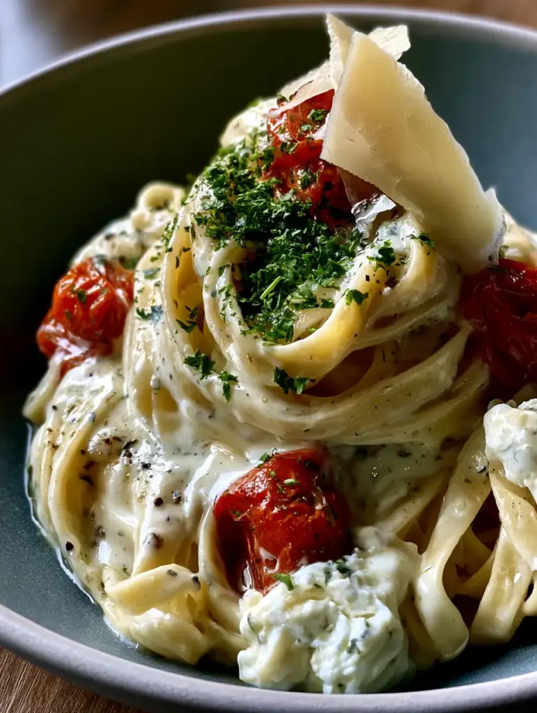 A swirling plate of boursin cheese pasta featuring melting dollops of white cheese and blistered tomatoes.