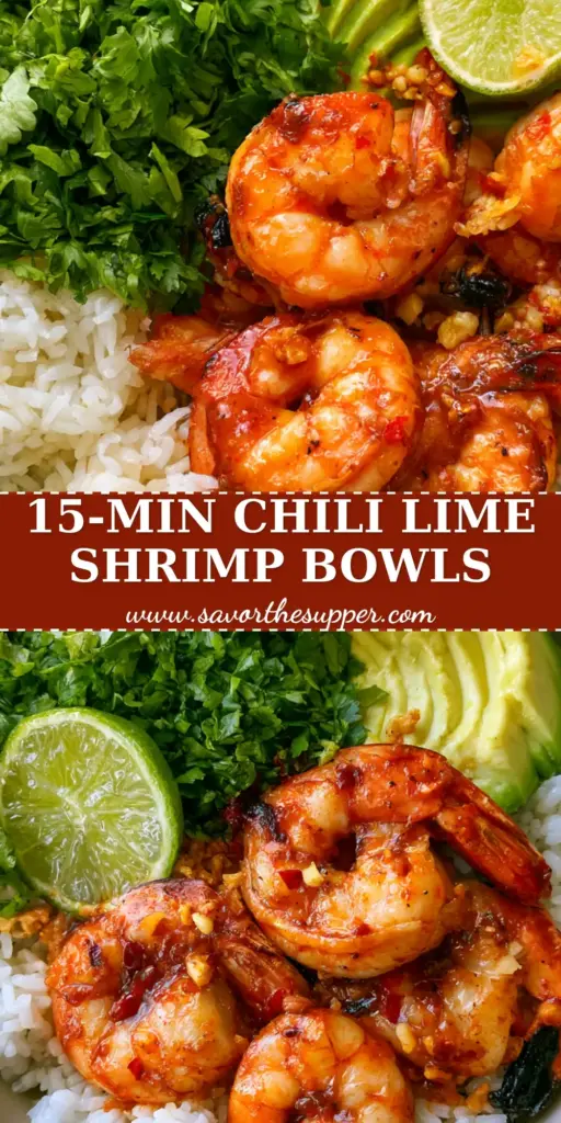 A close-up vertical shot of Chili Lime Shrimp Bowls held in a person's hand, featuring seared jumbo shrimp with a glossy glaze, fanned avocado, and fluffy jasmine rice.