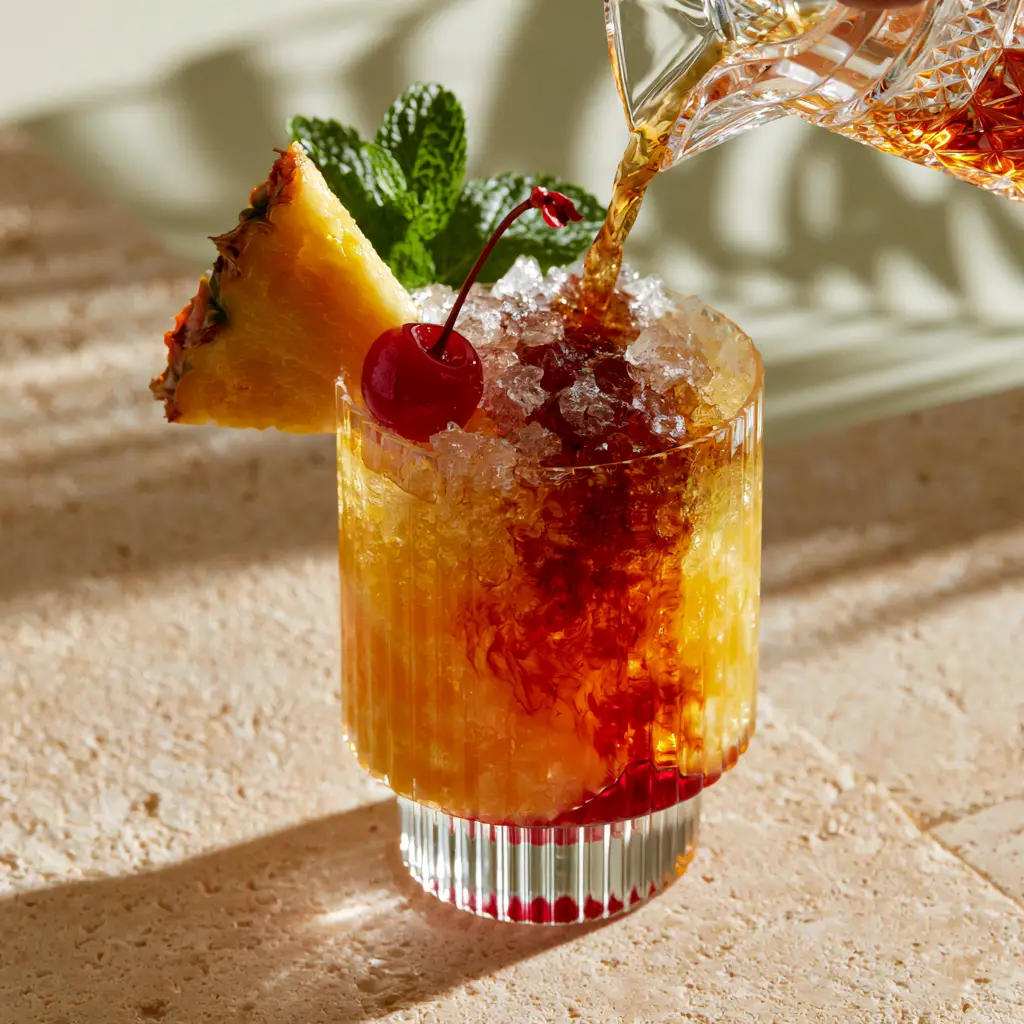 Close-up of tropical cocktail garnishes including a pineapple wedge and mint sprig on a ribbed glass. (amaretto island punch)