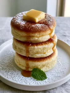 Extreme close-up of airy sponge sides and golden-brown tops of souffle pancakes. (pancake ideas)