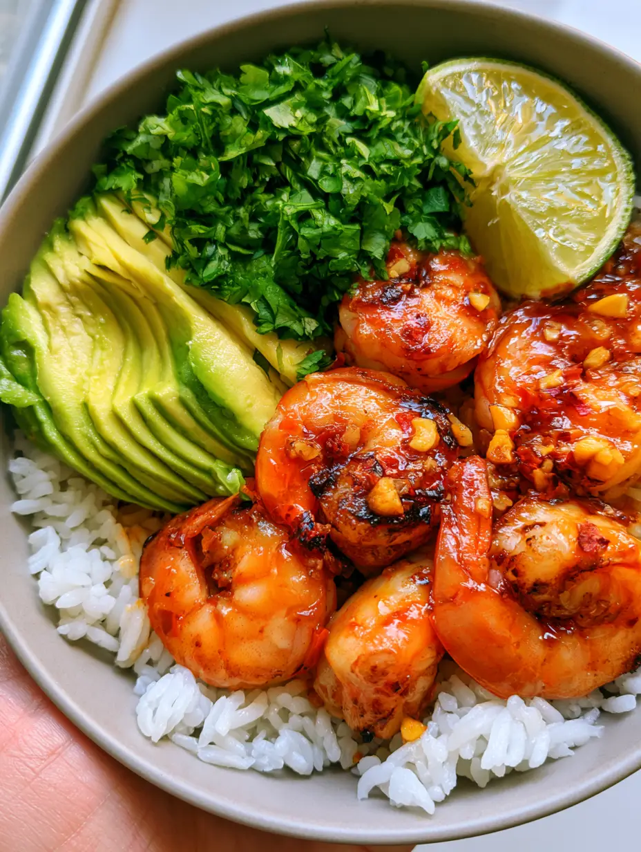 Top-down view of a Chili Lime Shrimp Bowl showing charred garlic bits, red chili flakes, and individual grains of jasmine rice.