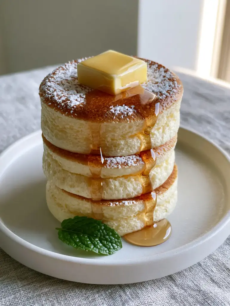 Pancake Ideas: The Ultimate Fluffy Japanese Souffle Pancake Recipe 1 Handheld smartphone photo of a tall stack of wobbly pancakes on a minimalist ceramic plate.