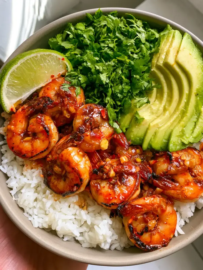 Side-angled shot of the shrimp bowl focusing on the buttery green fanned avocado and fresh cilantro garnish.