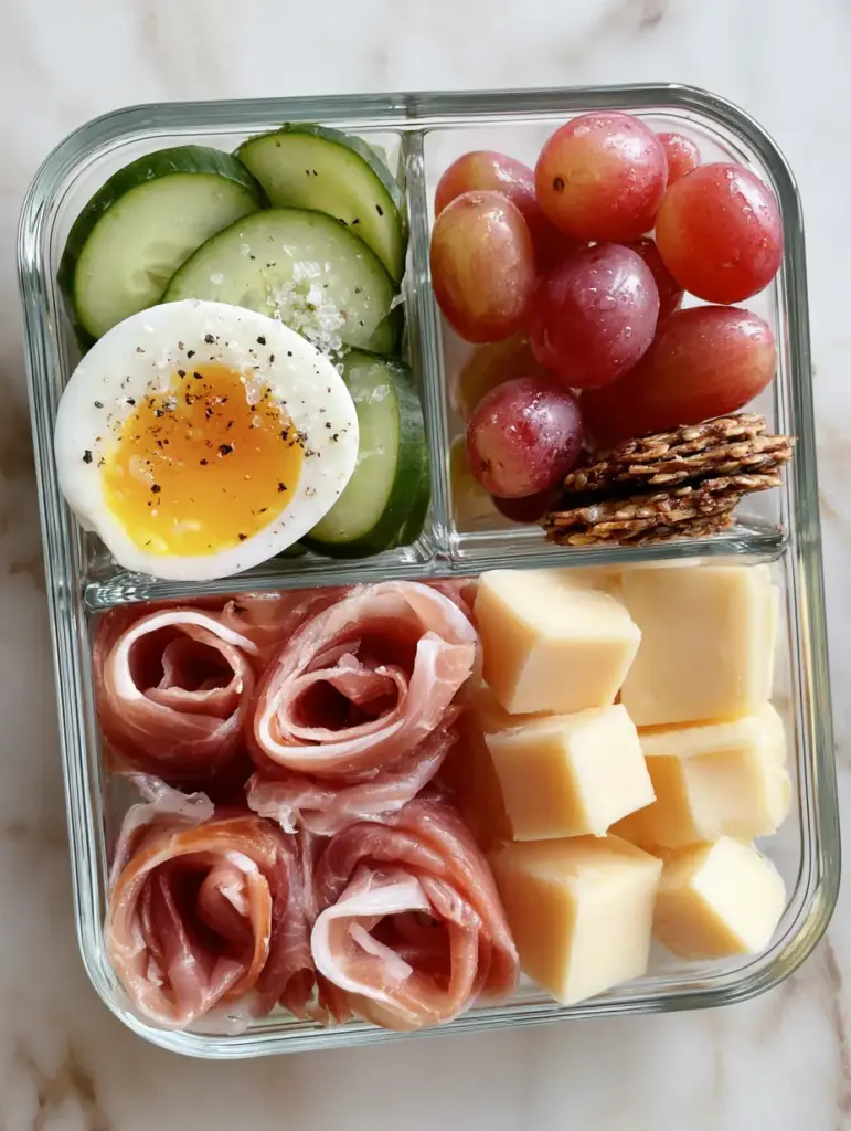 Close up of jammy eggs with sea salt and prosciutto rosettes in a glass container. (Adult Lunchable Ideas)