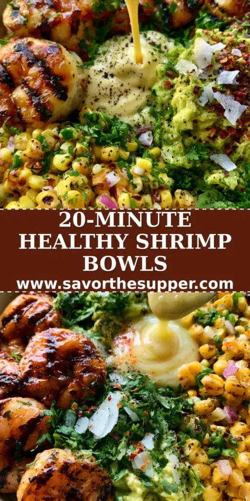 A vibrant top-down view of grilled shrimp avocado bowls featuring charred shrimp, chunky avocado, and a creamy garlic sauce drizzle.