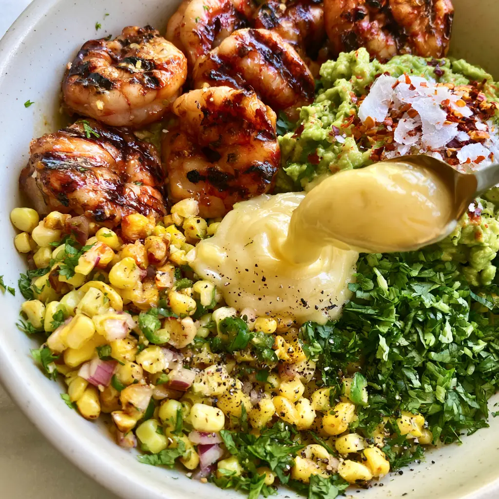 Top-down view of a creamy pool of pale-yellow garlic sauce being drizzled over grilled shrimp and avocado mash. (grilled shrimp avocado bowls)