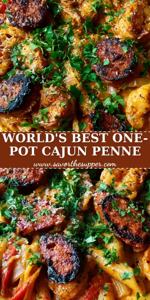Creamy Cajun Penne with Seared Andouille and Plump Shrimp 4 A top-down view of Creamy Cajun Penne in a black cast iron skillet featuring charred andouille sausage and plump shrimp.