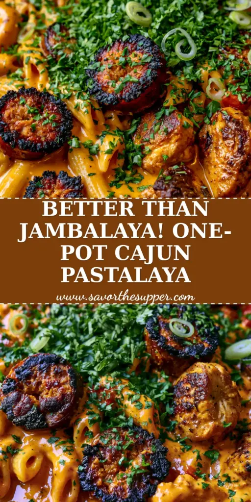 Cajun Pastalaya: The Ultimate Creamy Cast Iron Skillet Pasta 4 A top-down view of a cast iron skillet containing Cajun Pastalaya with orange sauce, charred sausage, and chicken chunks, garnished with parsley. (Cajun Pastalaya)