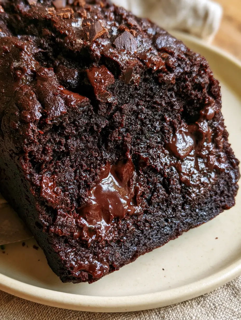 Extreme close-up of a dark obsidian-cocoa chocolate zucchini bread slice with a velvety moist crumb and glistening chocolate pools. (chocolate zucchini bread)
