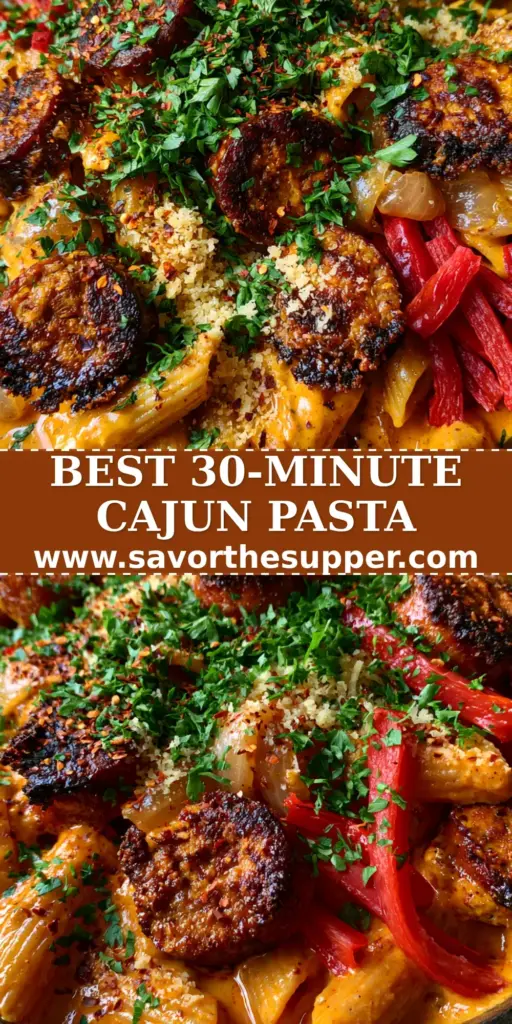 A top-down view of Creamy Cajun Sausage Pasta in a cast iron skillet with charred andouille sausage and ridged penne. (Cajun sausage pasta recipe)
