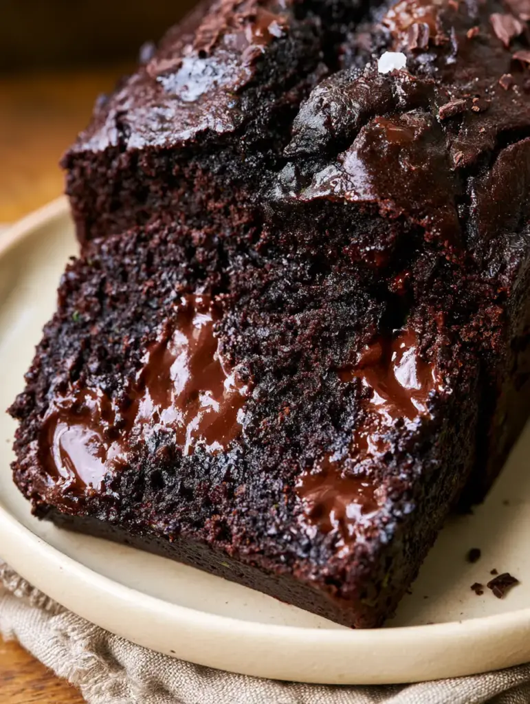 A high-angle shot of a chocolate zucchini bread slice on a matte ceramic plate with a rustic cracked top and sea salt. (chocolate zucchini bread)